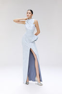 Orbic Lace Denim Jacquard Cowl Neck Cut-Out Maxi Dress for women, from SORAMAME, The Viet Concept