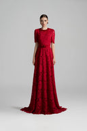 Red Lace A-Line Gown with Crystal Embroidered Neckline and Belt for women, from IHF STUDIO, The Viet Concept 