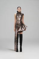 Tundra Copper Brocade Asymmetrical Mini Dress for women, from SORAMAME, The Viet Concept