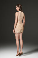Celestine Beige Pearl-Embellished Mesh Halter Mini Dress for women, from IHF STUDIO, The Viet Concept