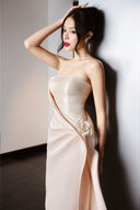 DO LONG • Beige Strapless Floral Appliqué Midi Dress