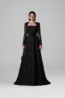 Noir Guipure Lace Trapeze Neck A-Line Evening Gown for women, from IHF ATELIER, The Viet Concept