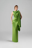 Satin Silk Asymmetric Pleated Tie Gown for women, from IHF ATELIER, The Viet Concept