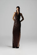 Sepia Sequin Wool Blend Halter Cowl Neck Maxi Dress for women, from SORAMAME, The Viet Concept