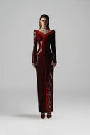 Incandescence Burgundy Velvet Sequin Veil Dress for women, from SORAMAME, The Viet Concept

