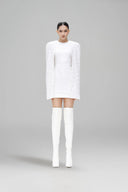 Eunoia White Glitter Lace Sequin Cape Sleeve Mini Dress for women, from SORAMAME, The Viet Concept