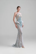 DO LONG • Silver Blue Strapless Beaded Mermaid Gown with Sculpted Peplum