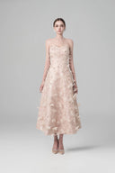HAYTAN • Elysian Dream Beige Embellished Lace & Sculpted Mesh Midi Dress