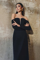L' SCARLETT • Off-Shoulder Crystal Embellished Poly Crepe Maxi Dress