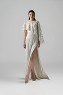 Whiteout Sequin Lace Asymmetrical Cape Maxi Dress for women, from SORAMAME, The Viet Concept