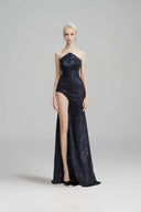 SORAMAME • Midnight Navy Evidence Halter Velvet Maxi Dress