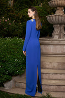 Cobalt Blue V-Neck Embroidered Column Evening Gown Long Sleeve Luxury for women, from IHF ATELIER, The Viet Concept 