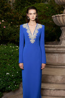 Cobalt Blue V-Neck Embroidered Column Evening Gown Long Sleeve Luxury for women, from IHF ATELIER, The Viet Concept 
