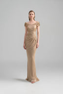 Champagne Gold Off-Shoulder Crystal Column Evening Gown for women, from IHF ATELIER, The Viet Concept