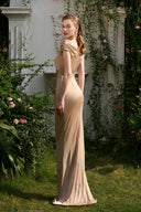 Champagne Gold Off-Shoulder Crystal Column Evening Gown for women, from IHF ATELIER, The Viet Concept