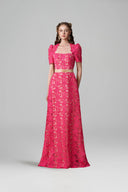 Deep Pink Guipure Lace A-line Trapeze Neck Crystal Waist Belt Gown for women, from IHF ATELIER, The Viet Concept 