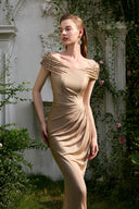 Champagne Gold Off-Shoulder Crystal Column Evening Gown for women, from IHF ATELIER, The Viet Concept