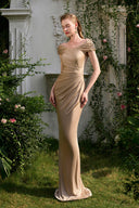 Champagne Gold Off-Shoulder Crystal Column Evening Gown for women, from IHF ATELIER, The Viet Concept