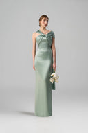 Blue Satin Silk Twisted Cross Pleated Drape Gown for women, from IHF ATELIER, The Viet Concept