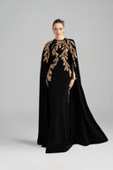 21SIX • Florine Crepe Crystal Leaf-Embellished Cape Evening Gown