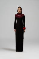 IHF ATELIER • Burgundy Floral Crystal Embellished Column Gown