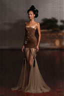 HUELLEY ROSE • Bru Crystal-Embellished Taffeta & Mesh Strapless Gown