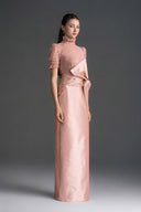 IHF STUDIO • Vine Guipure Lace & Taffeta Column Dress with Draped Bow