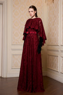 Étoile Dark Red French Lace Cape Column Gown for women, from IHF ATELIER, The Viet Concept 