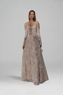 L' SCARLETT • Glitter Lace Off-Shoulder 3D Crystal Flower A-Line Maxi Dress