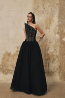 L' SCARLETT • Flared Pointed-Bust Crystal-Embellished Maxi Gown