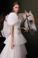 Celestia Swan Feathered V-Neck Tiered Gown for women, from JOSEPHINE, The Viet Concept 