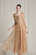 Starlume Golden Brown Star Sequin Mesh Dress for women, from CALISTA, The Viet Concept