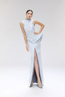 Orbic Lace Denim Jacquard Cowl Neck Cut-Out Maxi Dress for women, from SORAMAME, The Viet Concept