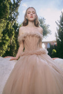 Cinnamon Off-Shoulder Mesh Corset Midi Dress for women, from LINH PHUNG, The Viet Concept