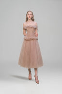 Cinnamon Off-Shoulder Mesh Corset Midi Dress for women, from LINH PHUNG, The Viet Concept