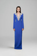 Cobalt Blue V-Neck Embroidered Column Evening Gown Long Sleeve Luxury for women, from IHF ATELIER, The Viet Concept 