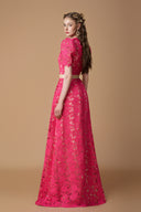Deep Pink Guipure Lace A-line Trapeze Neck Crystal Waist Belt Gown for women, from IHF ATELIER, The Viet Concept 