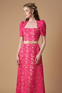 Deep Pink Guipure Lace A-line Trapeze Neck Crystal Waist Belt Gown for women, from IHF ATELIER, The Viet Concept 