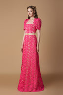 Deep Pink Guipure Lace A-line Trapeze Neck Crystal Waist Belt Gown for women, from IHF ATELIER, The Viet Concept 