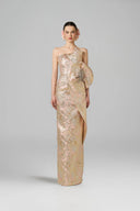 Dipped Waist Draped Metallic Jacquard Strapless Column Gown for women, from IHF ATELIER, The Viet Concept