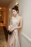 LINH PHUNG • Amethyst Asymmetric Floral Lace Corset Evening Gown