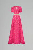 Deep Pink Guipure Lace A-line Trapeze Neck Crystal Waist Belt Gown for women, from IHF ATELIER, The Viet Concept 
