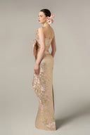 Dipped Waist Draped Metallic Jacquard Strapless Column Gown for women, from IHF ATELIER, The Viet Concept