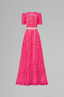 Deep Pink Guipure Lace A-line Trapeze Neck Crystal Waist Belt Gown for women, from IHF ATELIER, The Viet Concept 