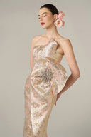 Dipped Waist Draped Metallic Jacquard Strapless Column Gown for women, from IHF ATELIER, The Viet Concept