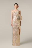 Dipped Waist Draped Metallic Jacquard Strapless Column Gown for women, from IHF ATELIER, The Viet Concept