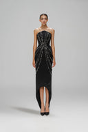 Kismet Gilded Lace Matte Satin Strapless Maxi Dress for women, from SORAMAME, The Viet Concept
