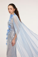 21SIX • Rosalind Sequin & Silk 3D Floral Halter Cape Gown