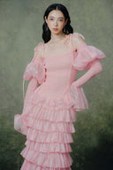 Vespera Rose Pink Smocked Chiffon Maxi Dress with Sheer Puff Sleeves for women, from LINH PHUNG, The Viet Concept