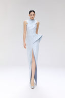 Orbic Lace Denim Jacquard Cowl Neck Cut-Out Maxi Dress for women, from SORAMAME, The Viet Concept